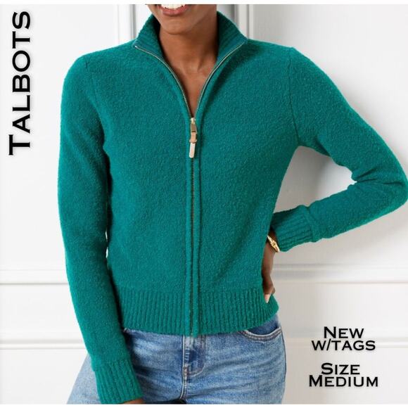 NEW Talbots Full Zip Sweater Medium Boucle Wool Blend Teal Green Cozy Classic - Picture 1 of 11